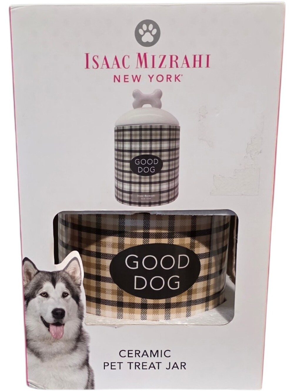 Isaac Mizrahi Dog Treat Ceramic Jar Plaid Design With Bone Lid